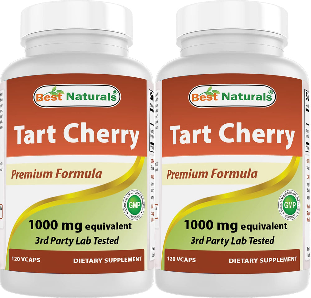 Best Naturals Tart Cherry Extract bottle front view showing 1000 mg capsules, gluten-free
