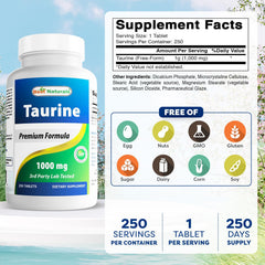 Best Naturals Taurine 1000 mg tablets close-up highlighting potency.