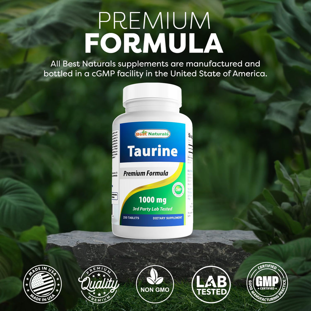 Best Naturals Taurine packaging design visible on bottle and cap.