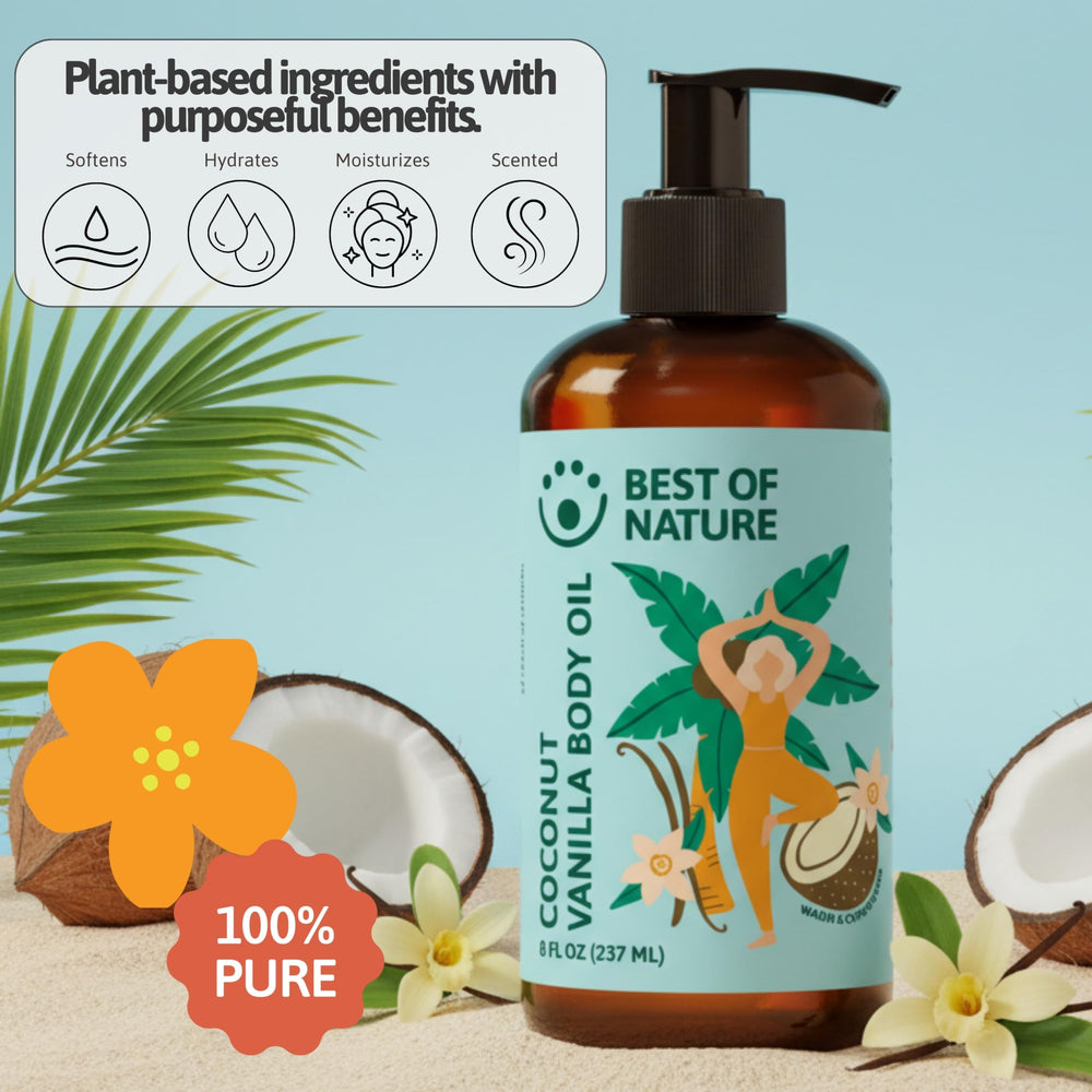 Best of Nature coconut vanilla oil pour showing silky texture for smooth massages.