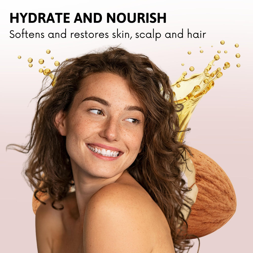 Best of Nature almond oil texture close-up shows light, silky feel.