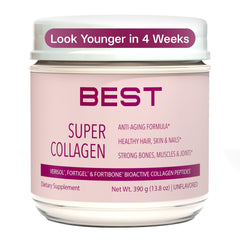 BEST Supplements FORTIBONE Collagen bottle shows three-peptide blend for bone and skin support.