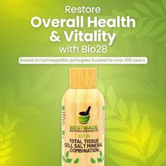 Bestmade BIO28 Total Tissue Salt bottle front highlighting wellness and portability.