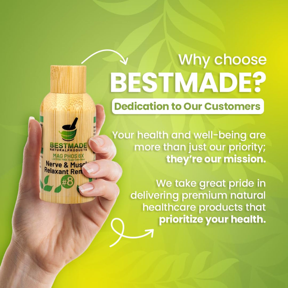 ISO-certified facility badge beside Bestmade Magnesia Phosphorica 6X bottle.