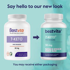 Nutrition facts panel on BESTVITE 7-Keto capsule bottle noting 50 mg per capsule