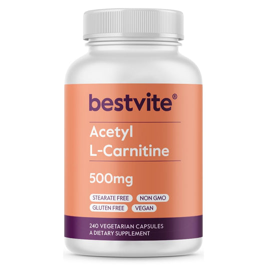 BESTVITE Acetyl L-Carnitine 500mg bottle on a counter supports daily energy