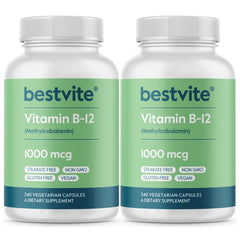BESTVITE Vitamin B12 bottle front view highlights vegan gluten free energy support