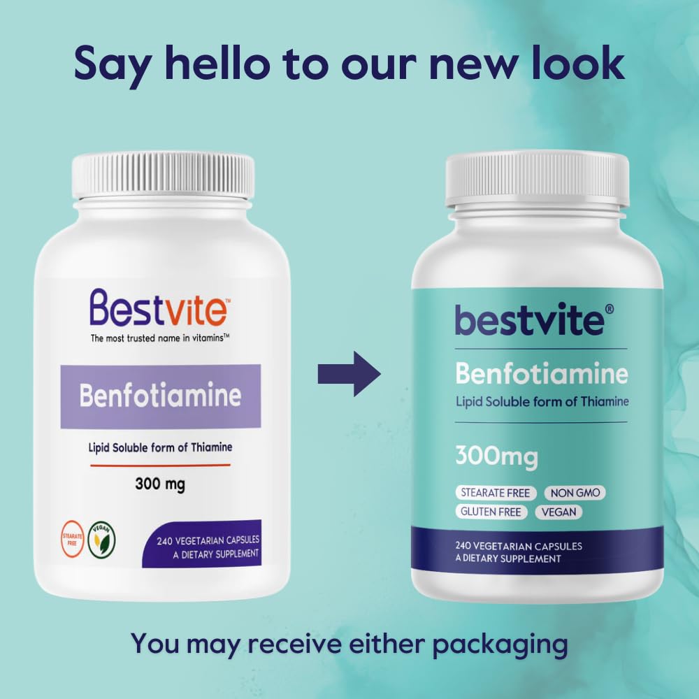 Vegan and gluten-free BESTVITE Benfotiamine label on bottle.