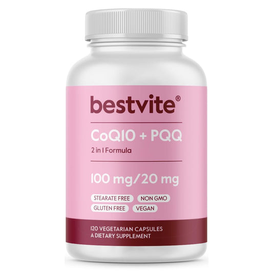 BESTVITE CoQ10 with PQQ bottle front view, highlighting vegan formula and no stearates.