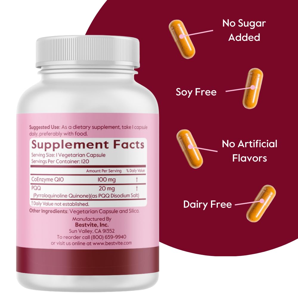 Close-up vegan capsules showing CoQ10 and PQQ blend.