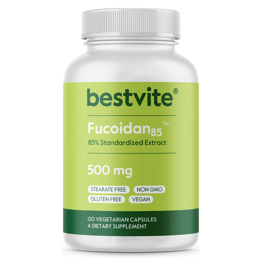 The BESTVITE Fucoidan extract bottle shows 85% fucoidan potency for quality.