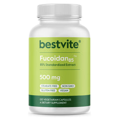The BESTVITE Fucoidan extract bottle shows 85% fucoidan potency for quality.
