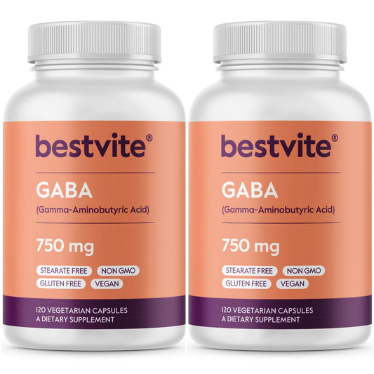 Bestvite GABA bottle close-up showing 750 mg capsules for relaxation support.