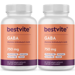 Bestvite GABA bottle close-up showing 750 mg capsules for relaxation support.