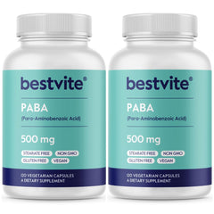 BESTVITE PABA 500mg bottle front with label, showing vegan and gluten-free emphasis.