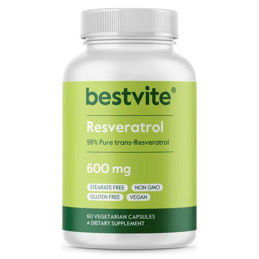 BESTVITE Resveratrol 600mg bottle, vegan formula supporting daily wellness.