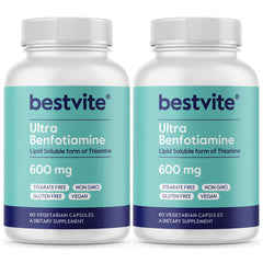 BESTVITE Ultra Benfotiamine capsules closeup showing 600 mg potency per capsule