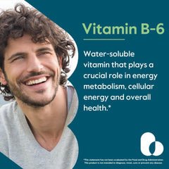 Close-up of Bestvite Vitamin B-6 capsules suggesting a compact vegan daily supplement