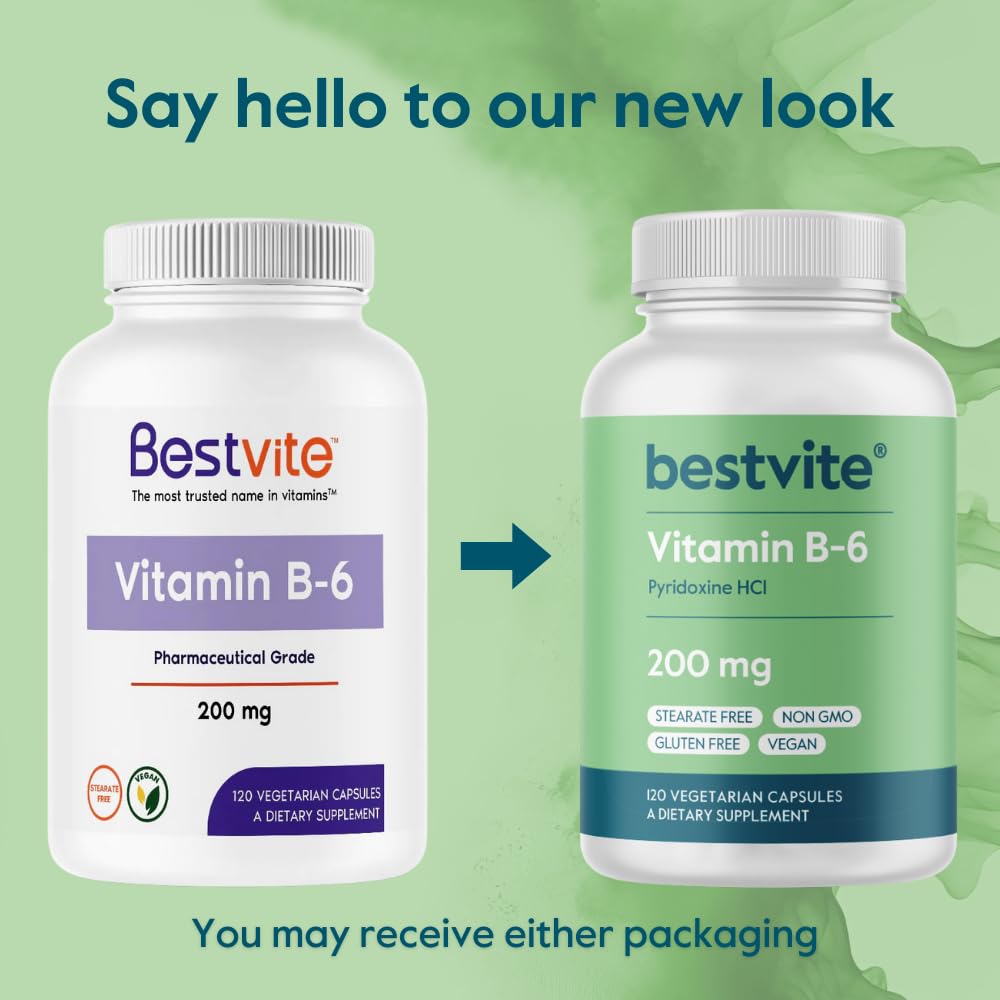 Nutrition panel of Bestvite Vitamin B-6 with 200 mg per capsule for energy metabolism