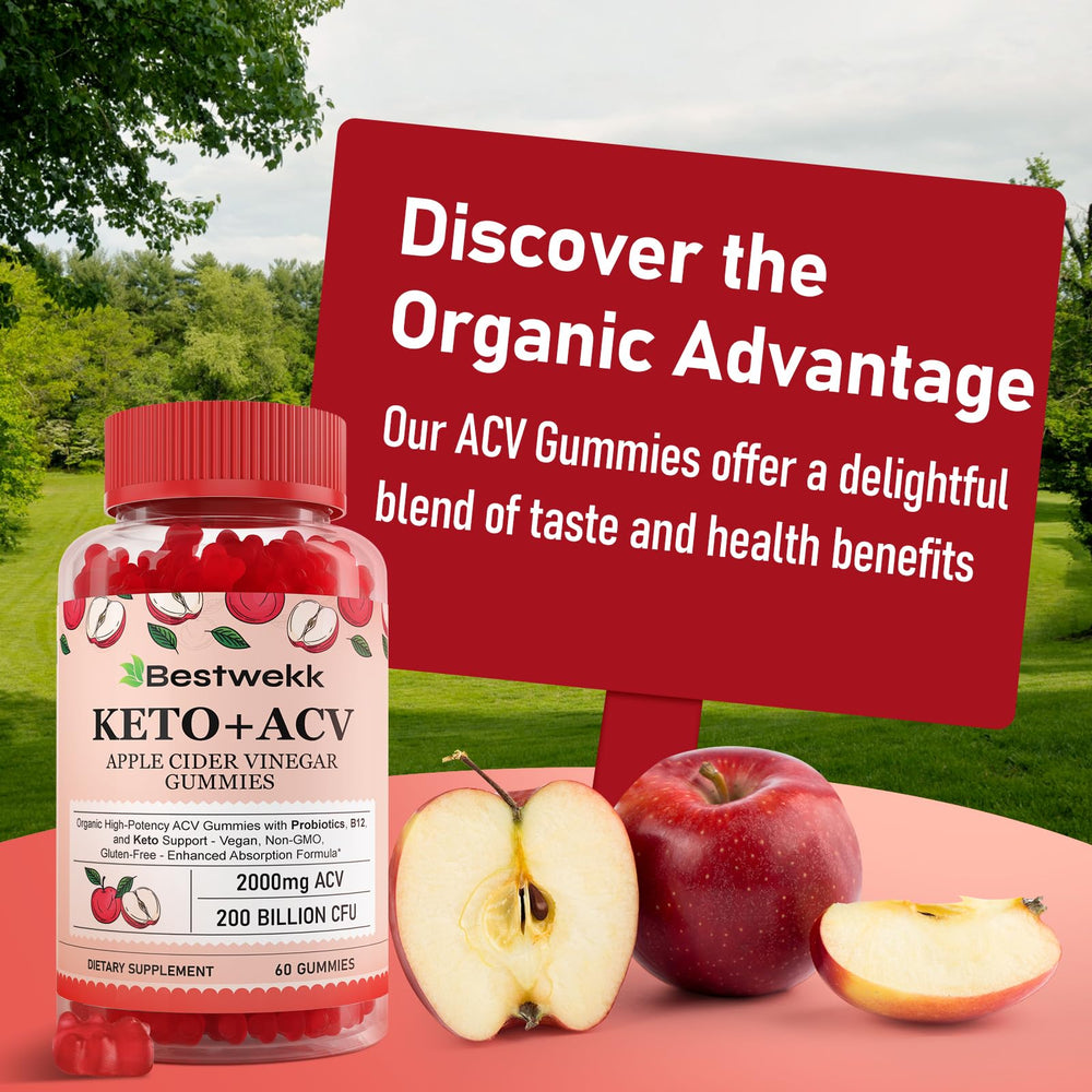 Bestwekk ACV Gummies packaging and bottle on clean countertop.