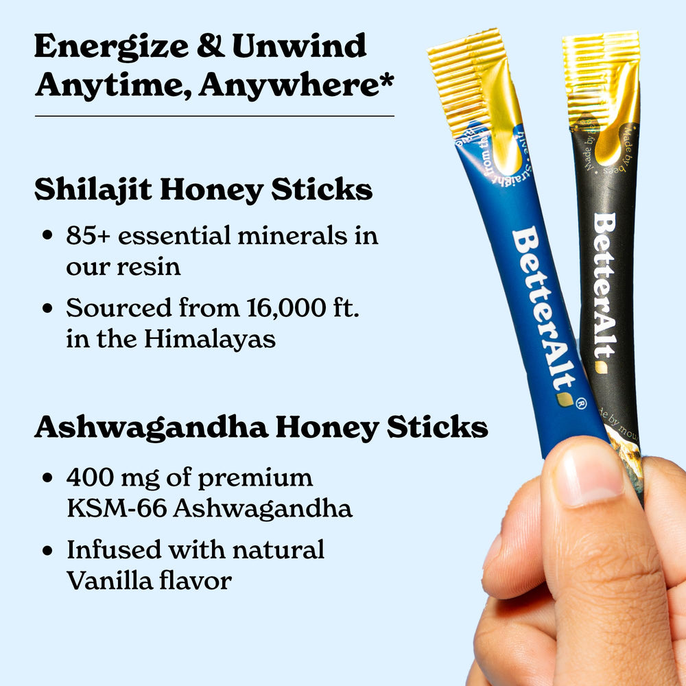 Better Alt Ashwagandha Honey Sticks close-up showing adaptogenic blend.