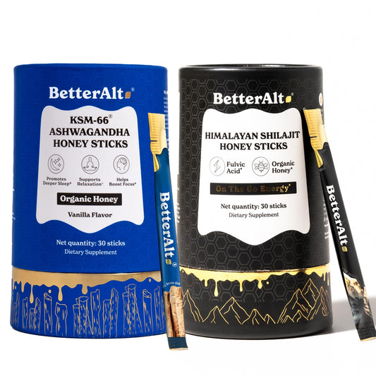 Better Alt Ashwagandha Honey Sticks two-pack close-up for natural energy support.
