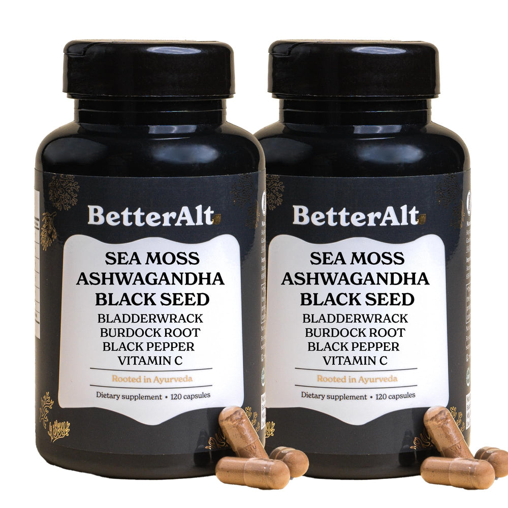 Better Alt Iris Sea Moss bottle highlighting a mineral-rich formula for daily vitality.