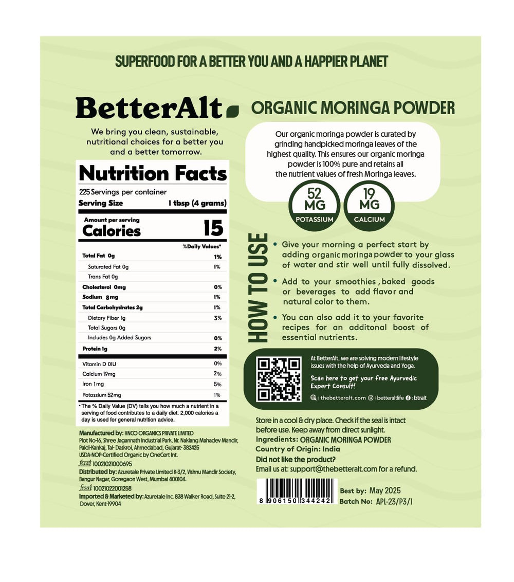 Better Alt Moringa Powder scoop highlighting convenient daily servings.
