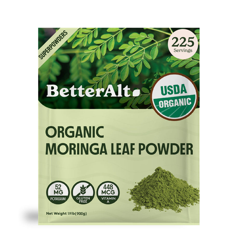Better Alt Organic Moringa Powder packaging showing a resealable bag for freshness.