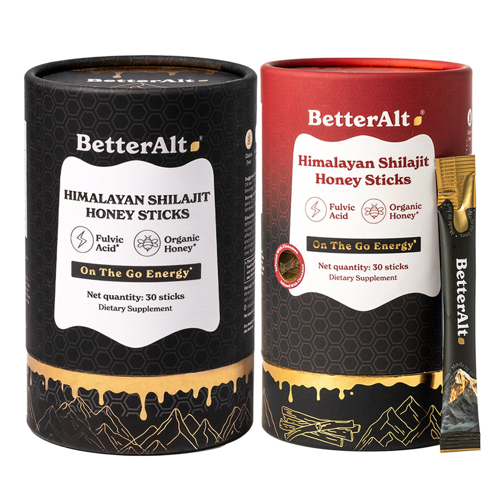 Better Alt Pure Himalayan Shilajit Sticks packaging highlights natural ingredients for clean energy.