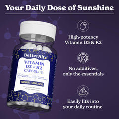 Better Alt Vitamin D3 K2 label detail emphasizes 5000 IU D3 and 200 mcg K2.