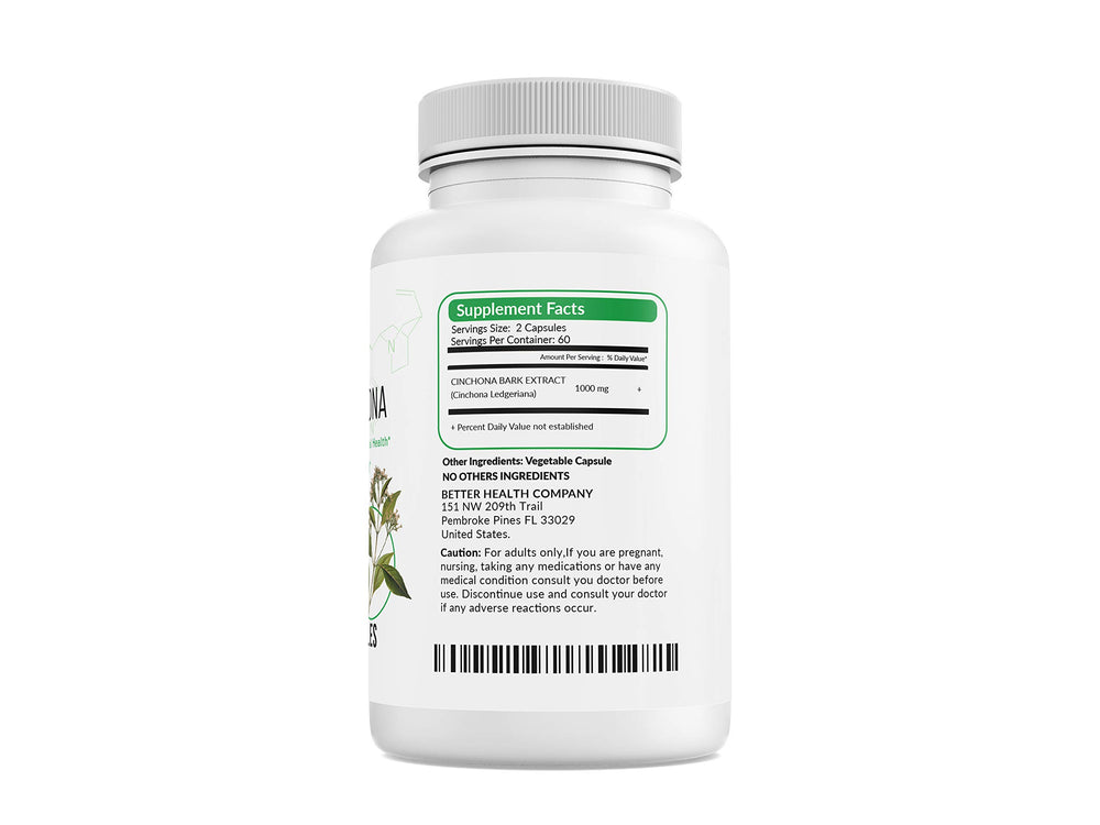 Closeup of Better Health Quinine capsules highlighting natural ingredients.