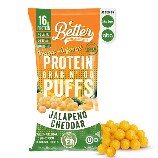 Better Than Good Savory Keto Jalapeno Cheddar Protein Puffs front pack view, high-protein gluten-free snack.