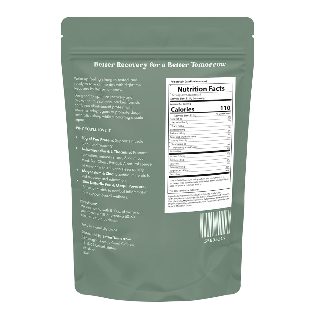Better Tomorrow Nighttime Recovery Protein adaptogen blend closeup highlighting ashwagandha