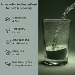 Better Tomorrow Nighttime Recovery Protein label-closeup highlighting 20g plant-based protein per serving