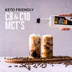 BetterBody Foods MCT oil liquid state image emphasizes no solidification at room temperature.