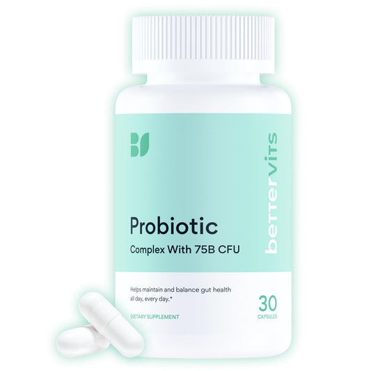Bettervits Probiotics bottle cap showing 75B CFU for digestive balance.