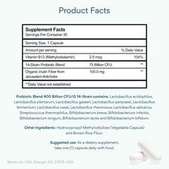 Bettervits Probiotics bottle front highlighting vegan formula for daily gut health.