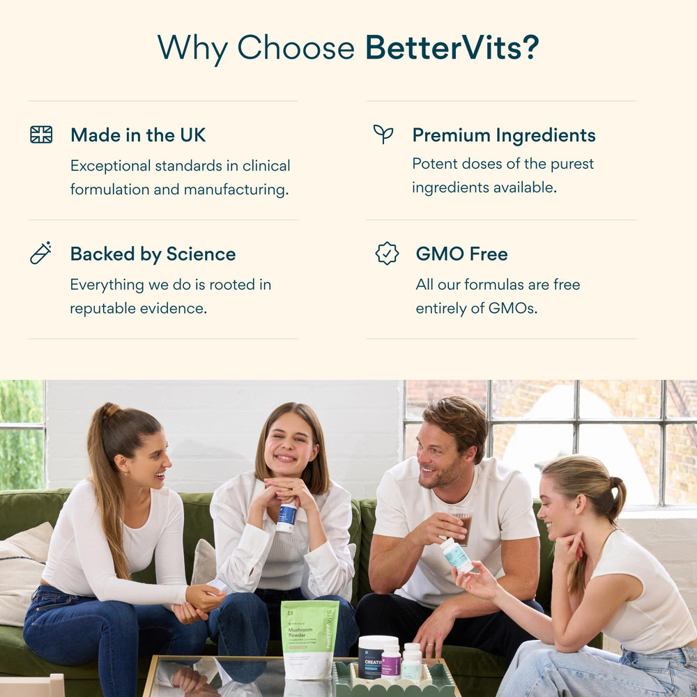 Bettervits Probiotics label displays vitamin B12 for energy metabolism support.