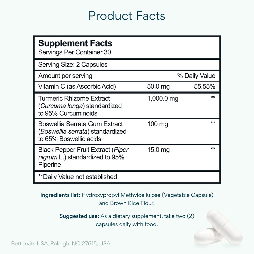 Bettervits turmeric bottle label showing 1000mg with pepper