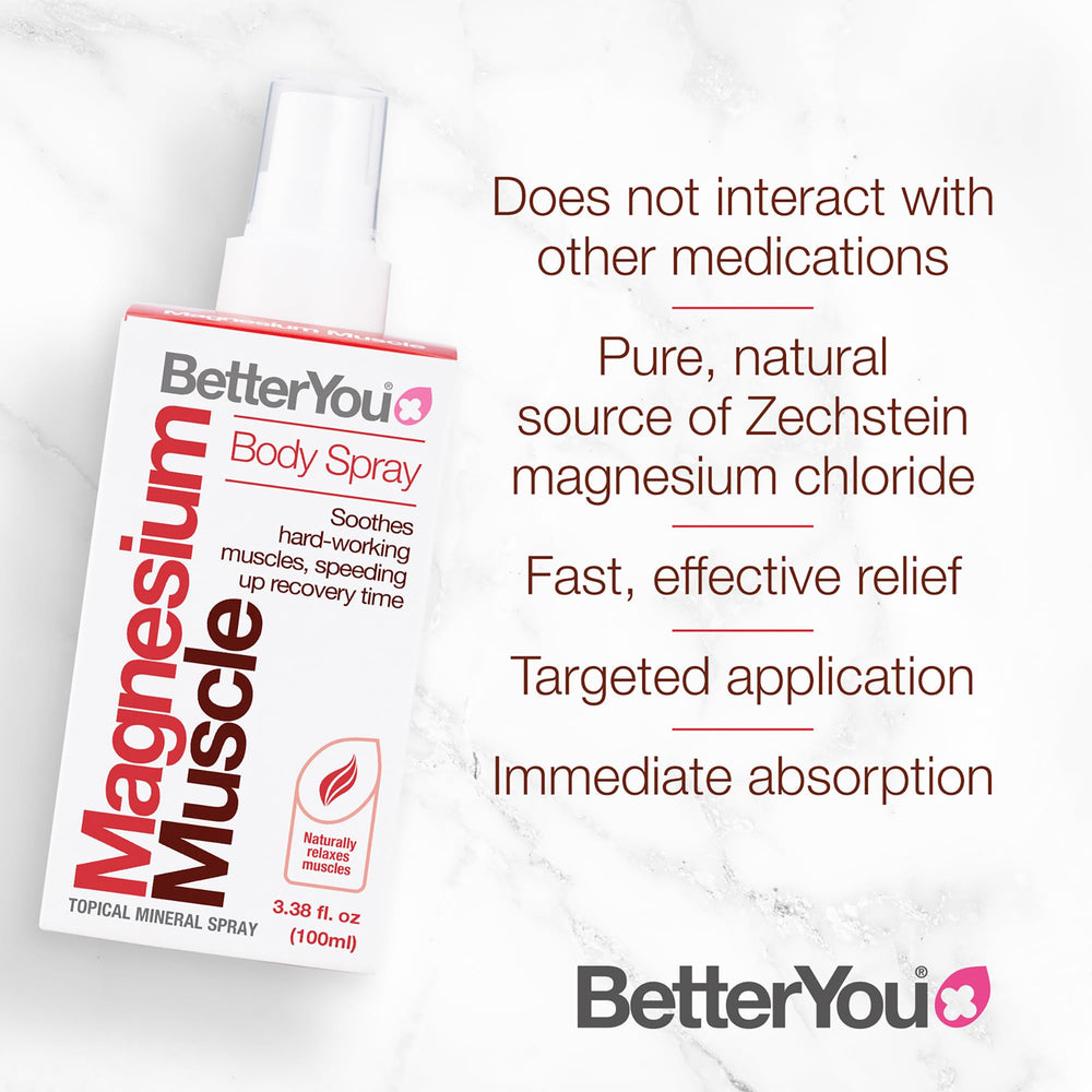 BetterYou Magnesium Muscle Body Spray on shoulder for tension relief