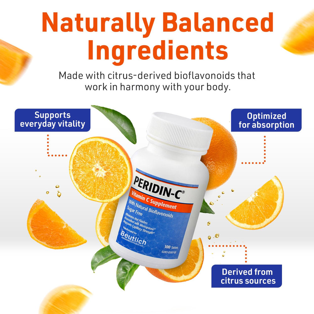 BEUTLICH PERIDIN-C bioflavonoids visual emphasizing natural citrus-derived ingredients.