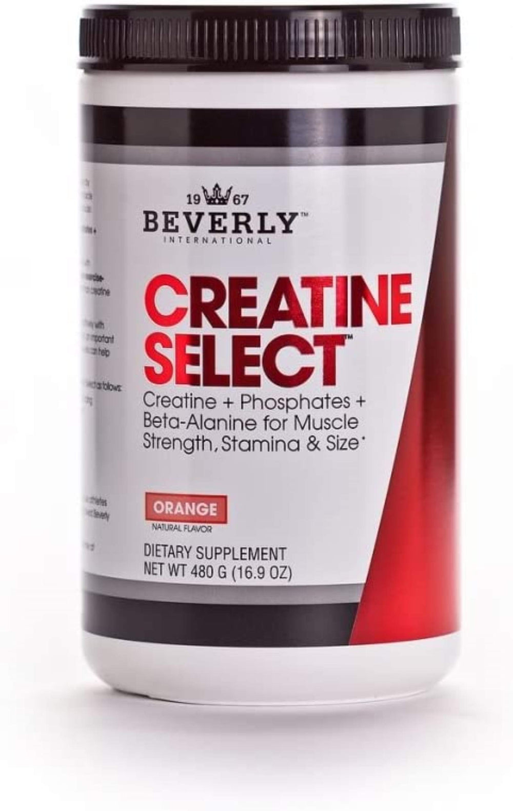 Beverly International Creatine Select orange bottle on shelf boosts workouts