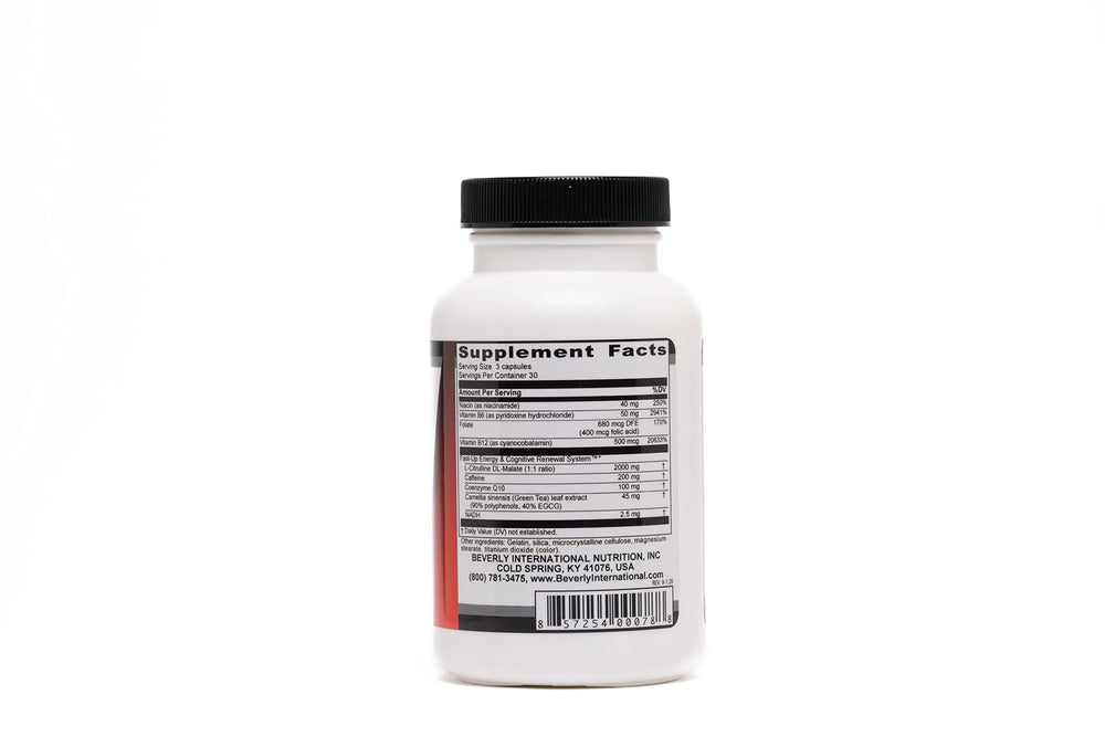 Beverly International Fast-Up capsules on display for convenient pre-workout energy.