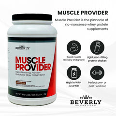 Shake glass with Muscle Provider chocolate, creamy ice-cream-like flavor after workouts.