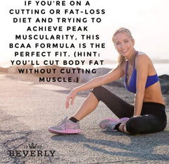 Inset of ingredients and color-coded benefits for Beverly Muscularity BCAA formula.