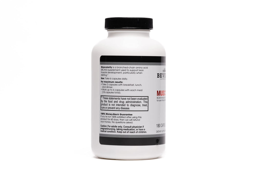 Serving scoop and bottle cap of Beverly Muscularity for precise meal-time BCAA intake.