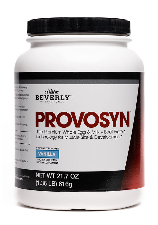 Beverly International Provosyn vanilla bottle; powder for potential muscle support and recovery after workouts.