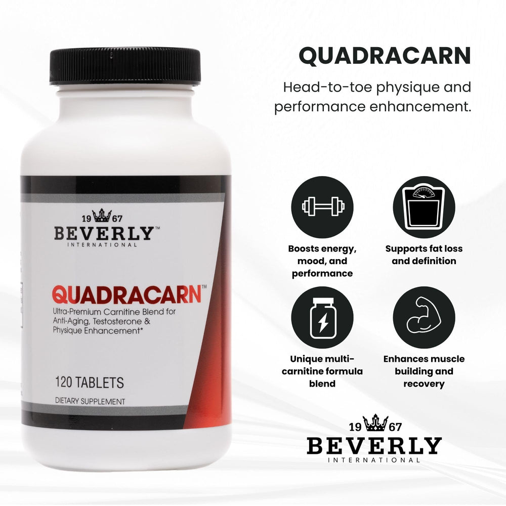Label close-up of Quadracarn showing 4 carnitine types and quality promises