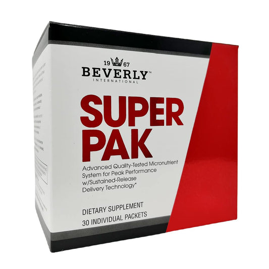 Beverly International Super Pak box showing convenient daily nutrition for athletes